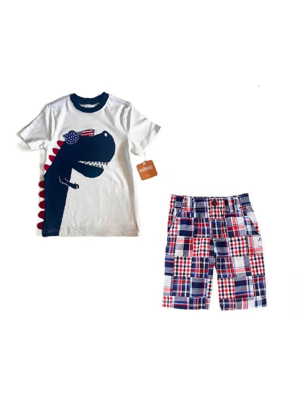 NWT Gymboree Two-Piece White, Navy & Red Dinosaur Tee & Patchwork Shorts